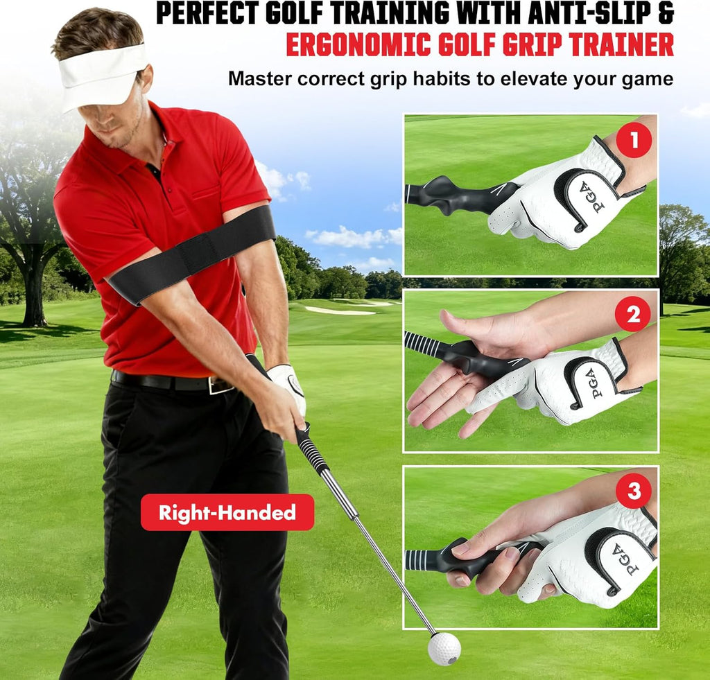 Tempo Stick Golf Swing Trainer for Right-Handed Players | 5-in-1 Retractable Training Aid with Arm Band and Telescopic Design for Grip Correction and Click Feedback