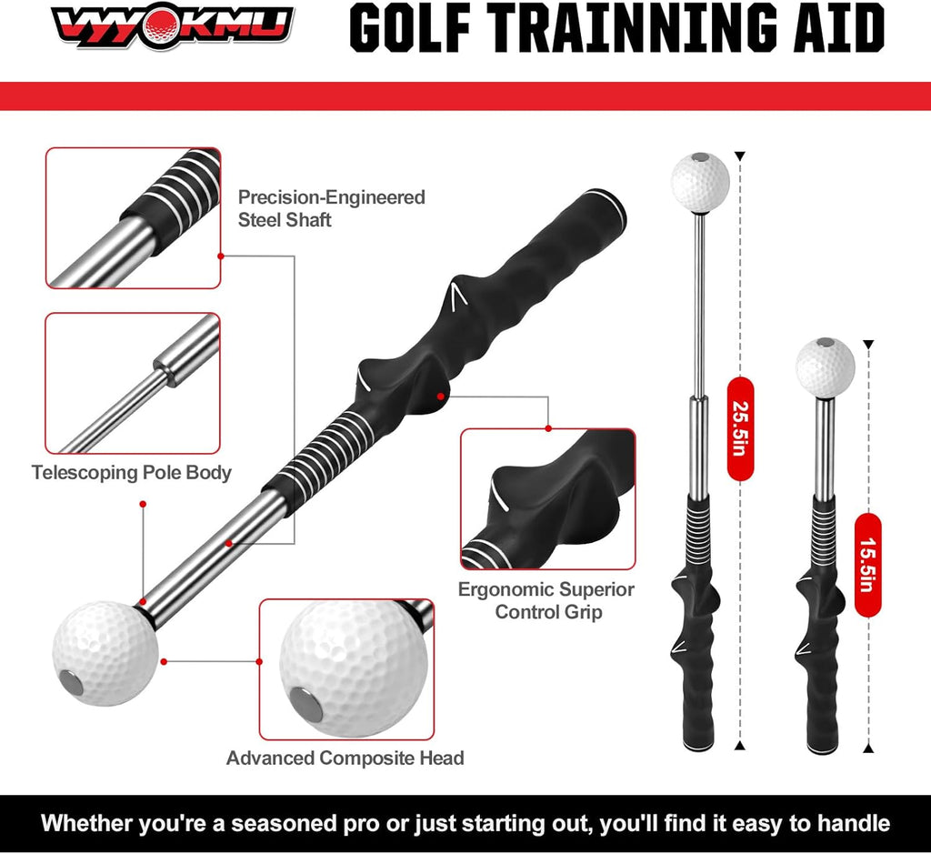 Tempo Stick Golf Swing Trainer for Right-Handed Players | 5-in-1 Retractable Training Aid with Arm Band and Telescopic Design for Grip Correction and Click Feedback