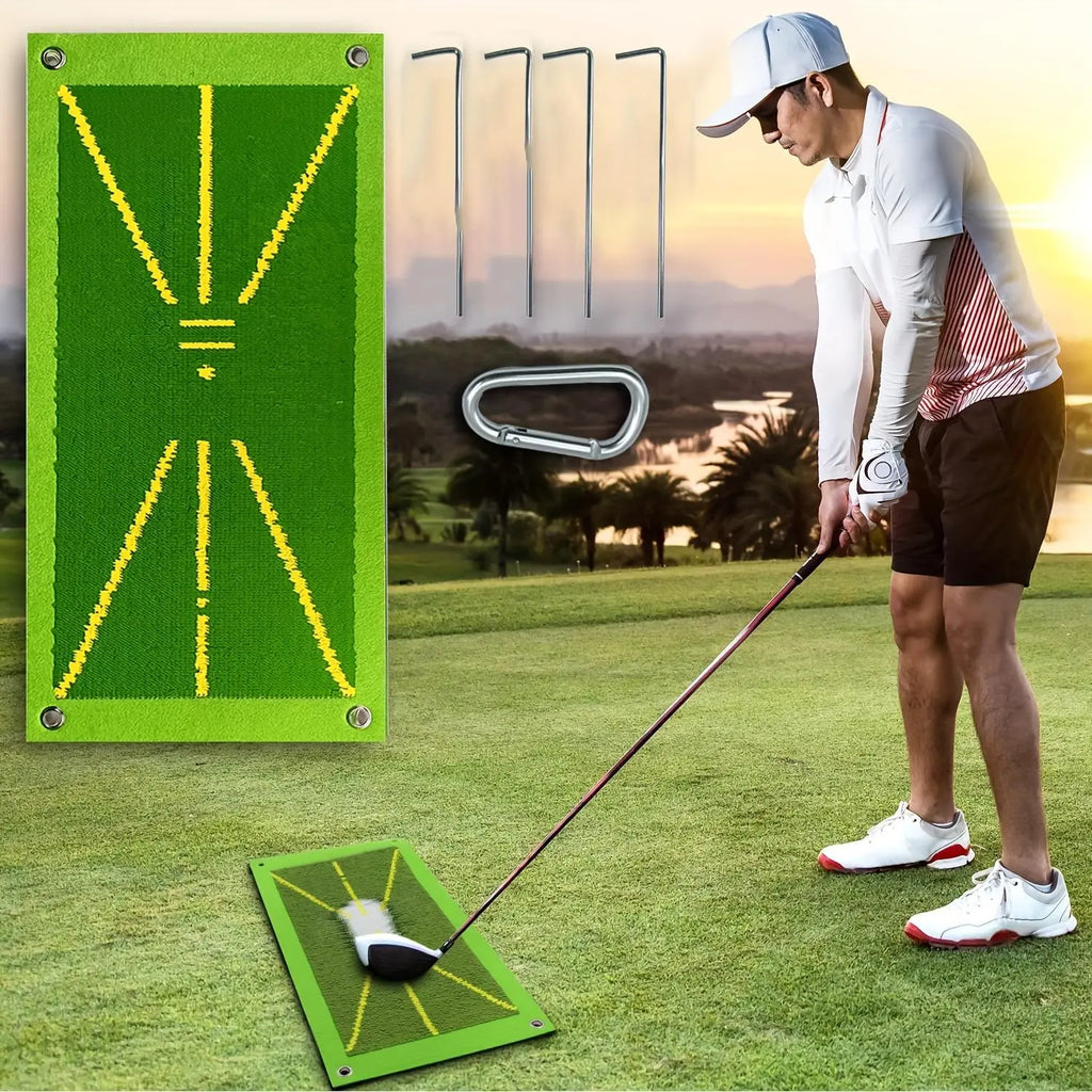 Portable golf hitting mat with swing path feedback turf, rolled out for practice