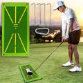 Portable golf hitting mat with swing path feedback turf, rolled out for practice