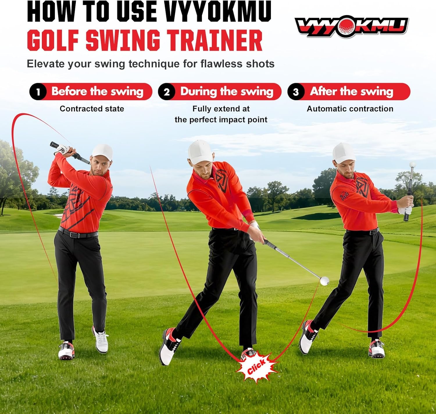 Tempo Stick Golf Swing Trainer for Right-Handed Players | 5-in-1 Retractable Training Aid with Arm Band and Telescopic Design for Grip Correction and Click Feedback