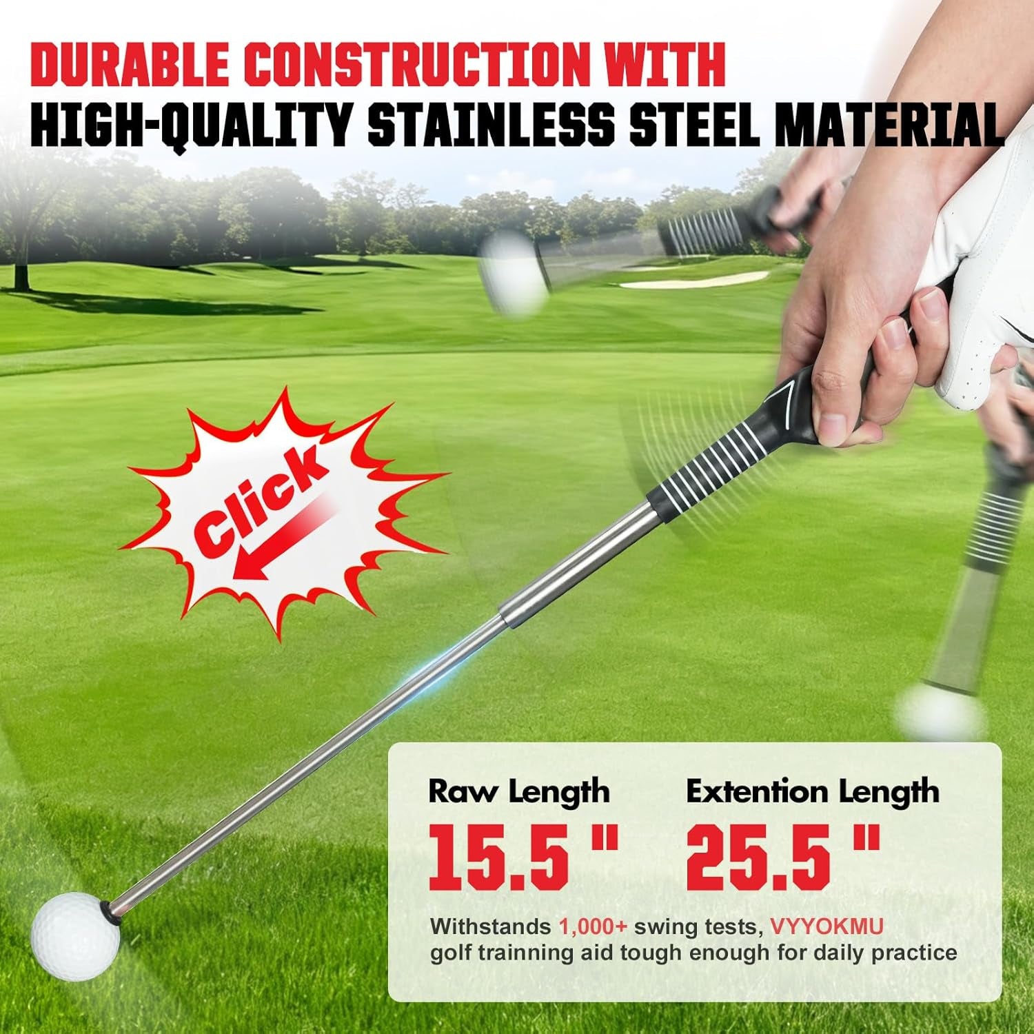 Tempo Stick Golf Swing Trainer for Right-Handed Players | 5-in-1 Retractable Training Aid with Arm Band and Telescopic Design for Grip Correction and Click Feedback
