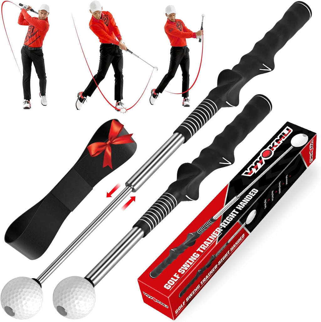 Tempo Stick Golf Swing Trainer for Right-Handed Players | 5-in-1 Retractable Training Aid with Arm Band and Telescopic Design for Grip Correction and Click Feedback