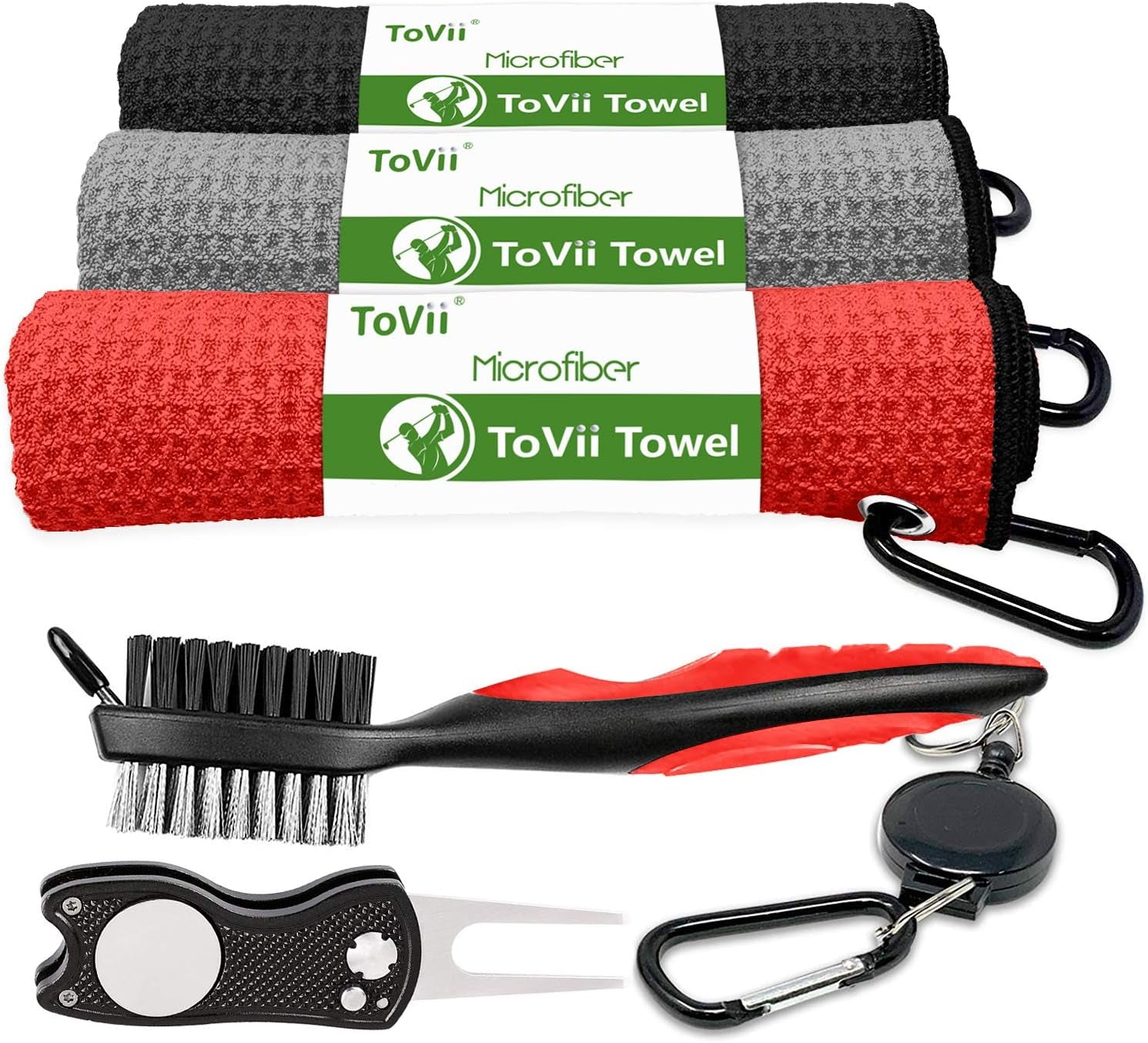 Golf Towel Microfiber Waffle Pattern Golf Towel | Brush Tool Kit with Club Groove Cleaner | Golf Divot Tool | Golf Accessories for Men