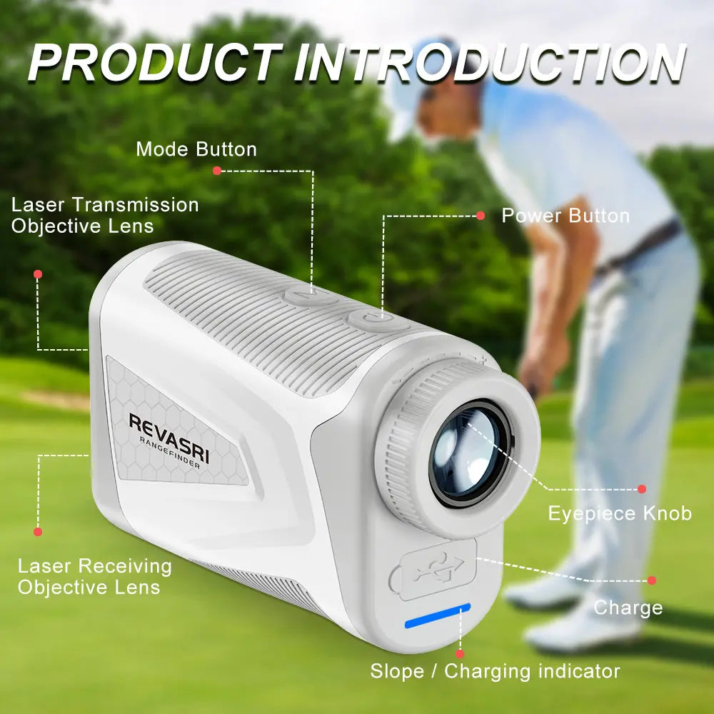Golf rangefinder held in hand showing the silicone grip