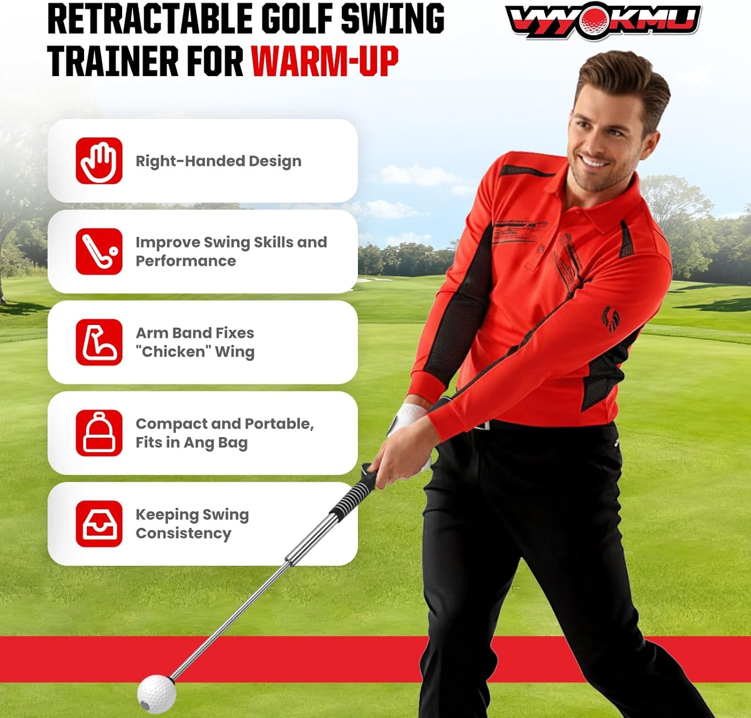 Tempo Stick Golf Swing Trainer for Right-Handed Players | 5-in-1 Retractable Training Aid with Arm Band and Telescopic Design for Grip Correction and Click Feedback