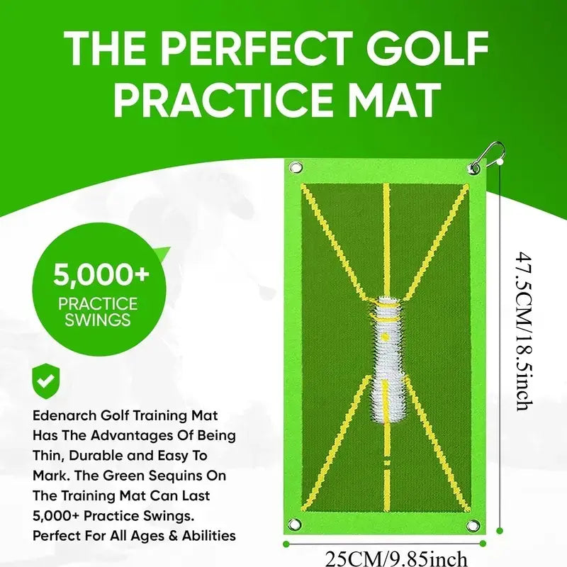 Portable golf hitting mat shown in use during an indoor practice swing