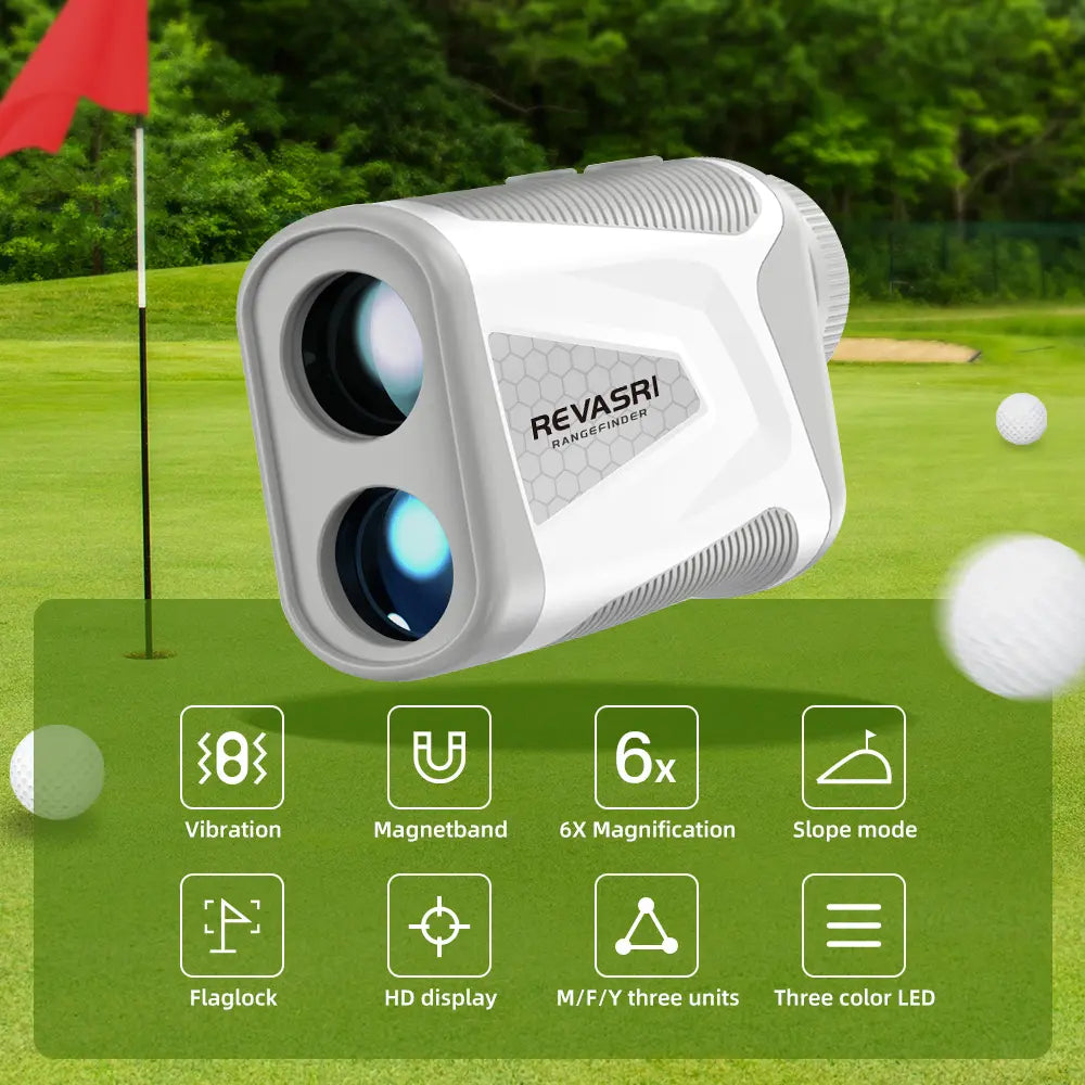 Golf rangefinder shown with carrying case and accessories