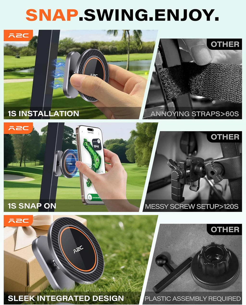 Alloy Magnetic Golf Cart Phone Holder, Unique Golf Accessories for Men